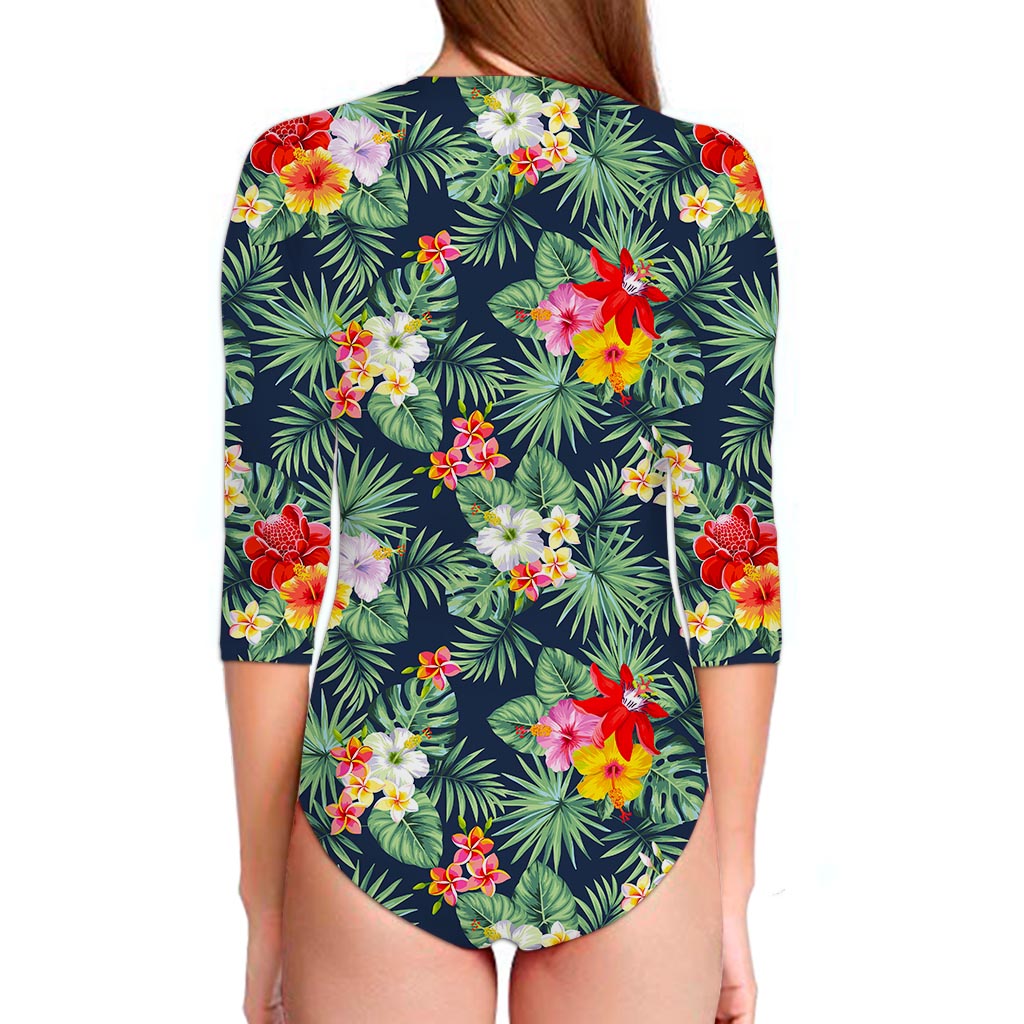 Summer Tropical Hawaii Pattern Print Long Sleeve Swimsuit