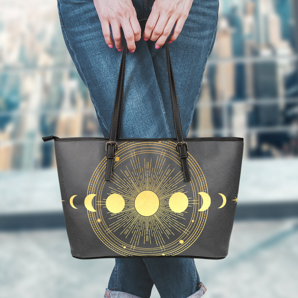 Sun And Moon Phase Print Leather Tote Bag