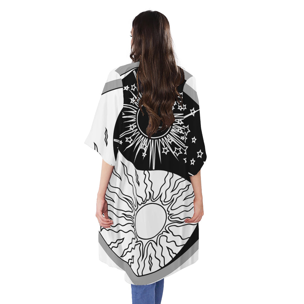 Sun And Moon Yin Yang Print Open Front Beach Cover Up