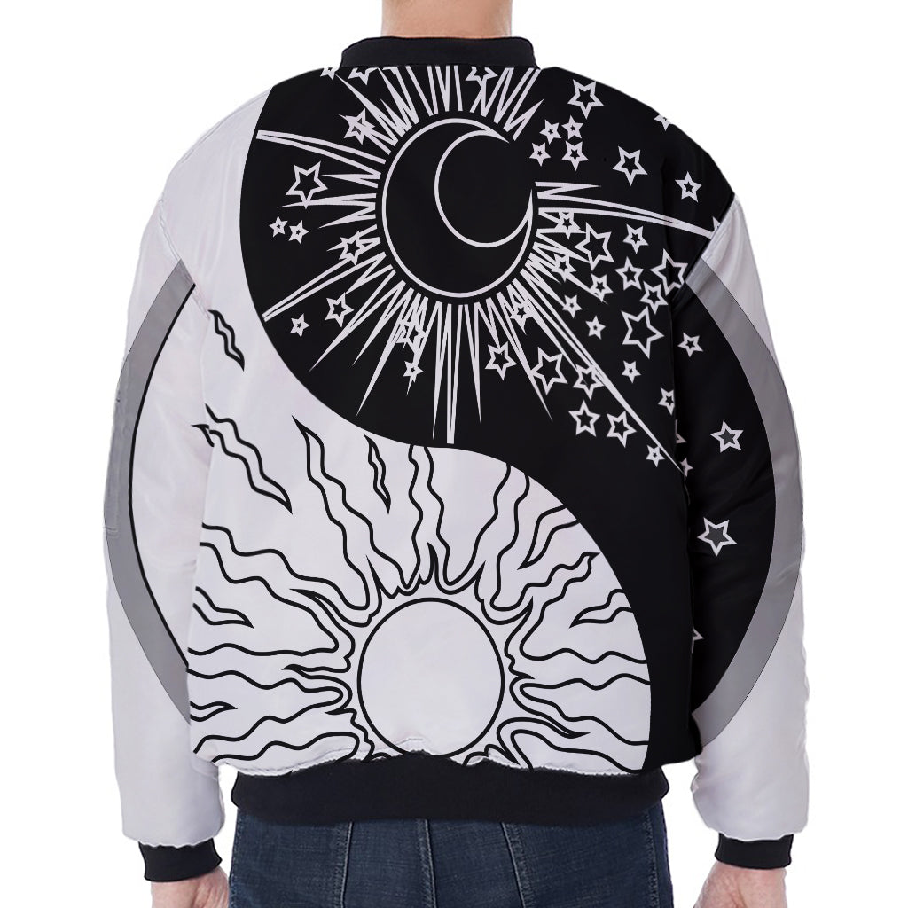 Sun And Moon Yin Yang Print Zip Sleeve Bomber Jacket