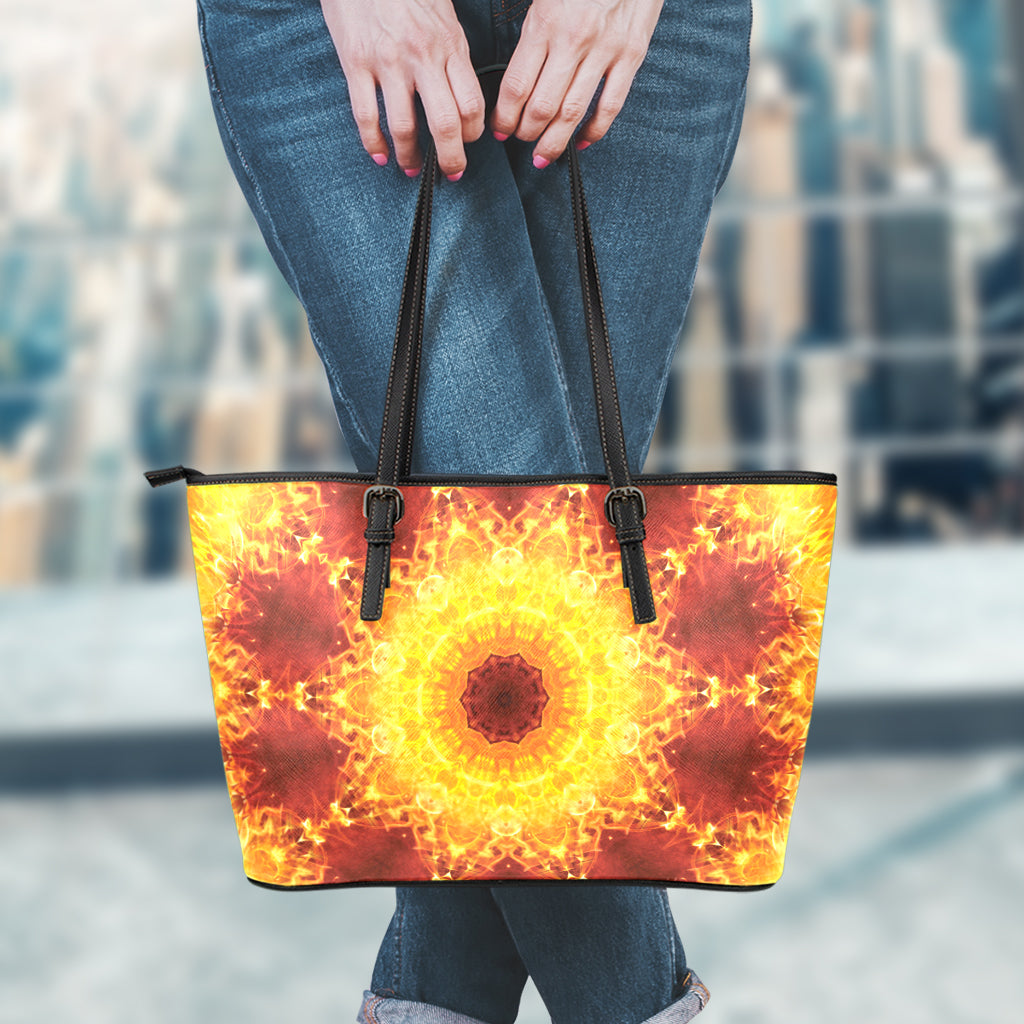 Sun Fire Kaleidoscope Print Leather Tote Bag