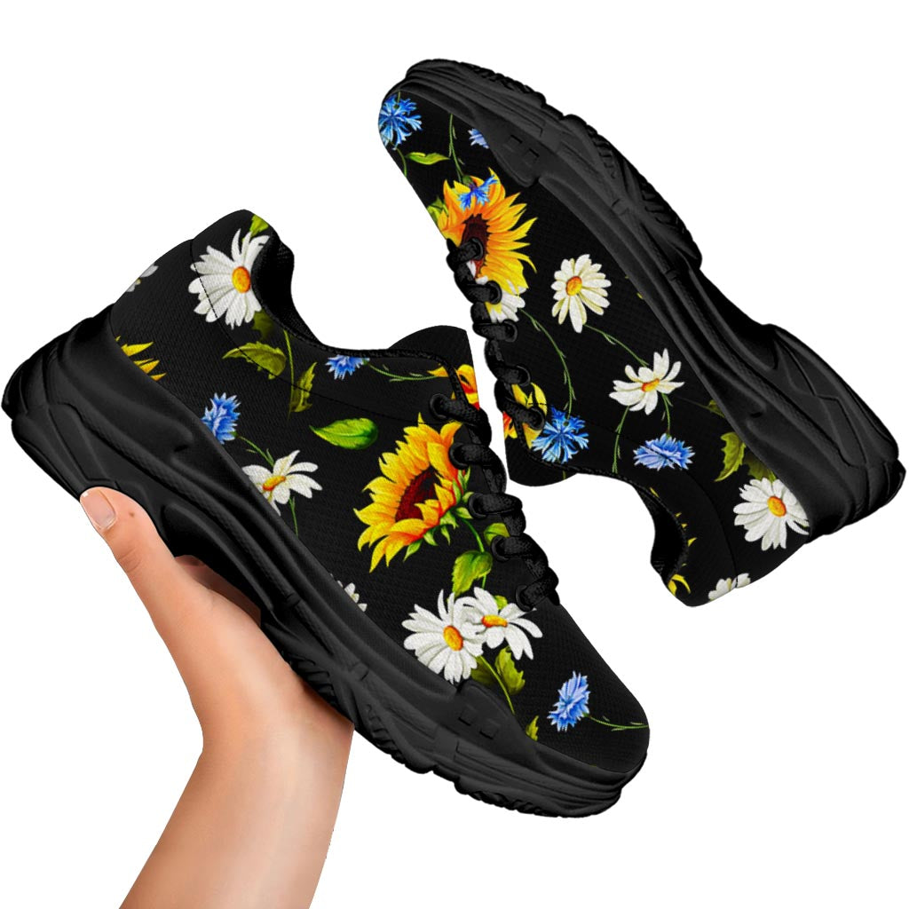 Sunflower Chamomile Pattern Print Black Chunky Shoes