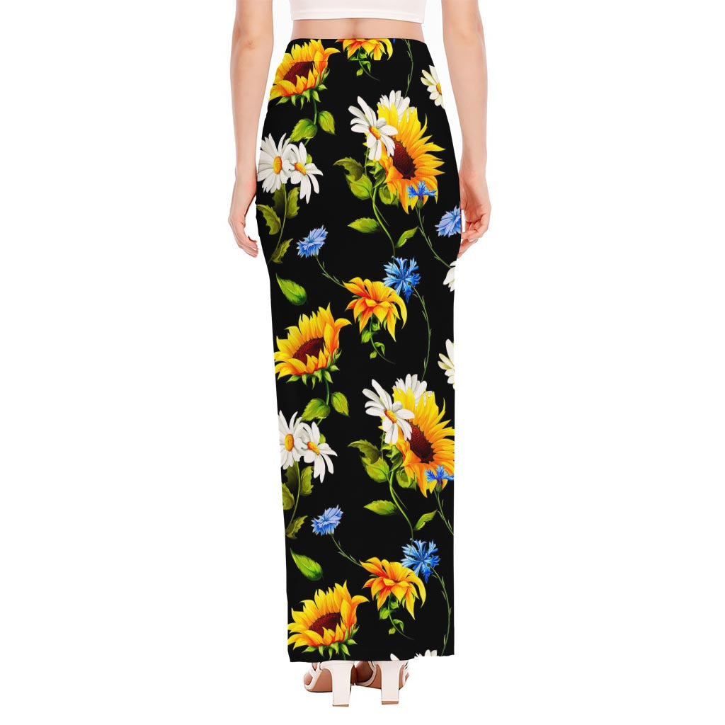 Sunflower Chamomile Pattern Print High Slit Maxi Skirt