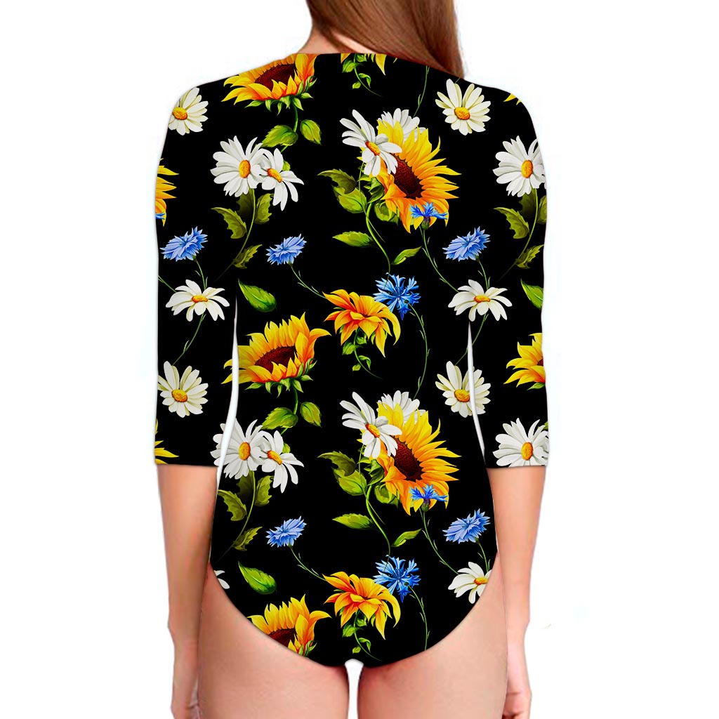 Sunflower Chamomile Pattern Print Long Sleeve Swimsuit