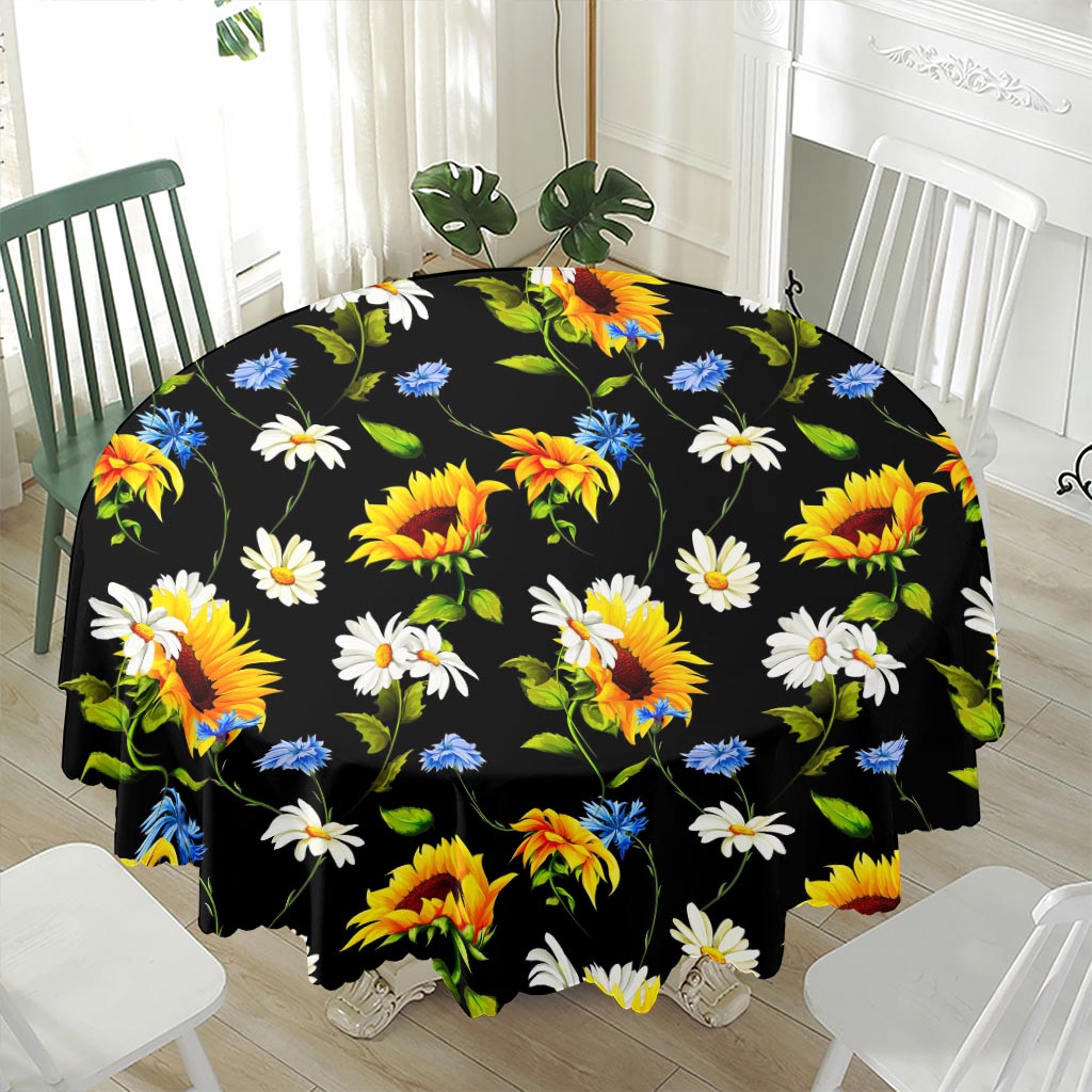 Sunflower Chamomile Pattern Print Waterproof Round Tablecloth