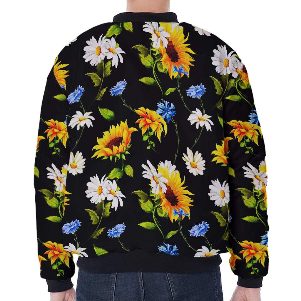 Sunflower Chamomile Pattern Print Zip Sleeve Bomber Jacket