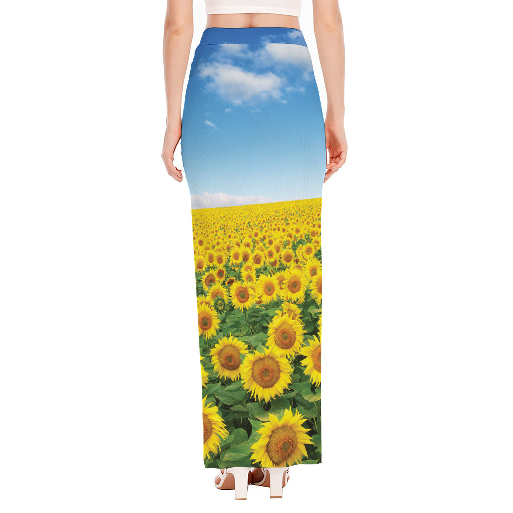 Sunflower Field Print High Slit Maxi Skirt