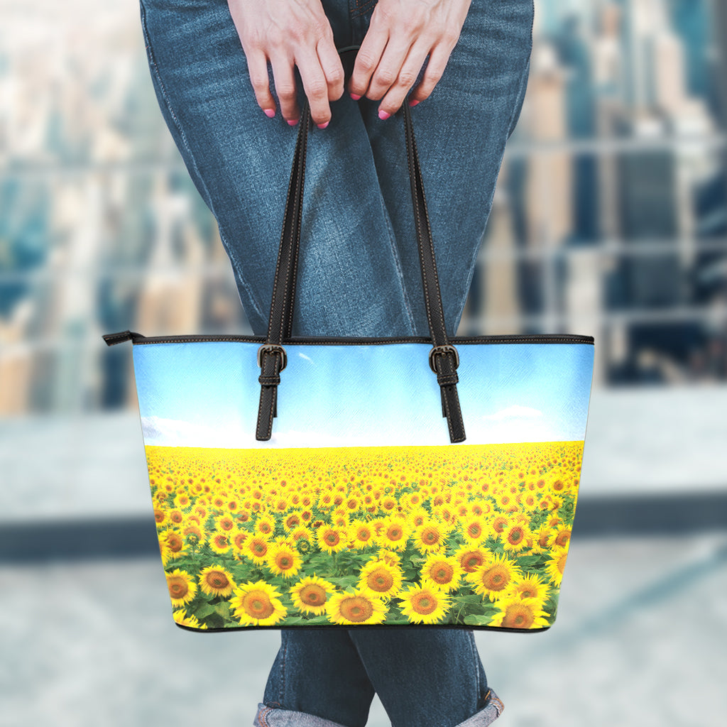 Sunflower Field Print Leather Tote Bag