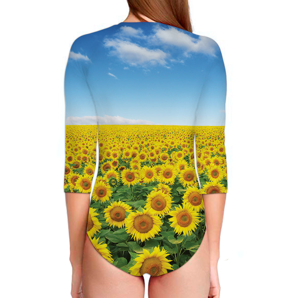 Sunflower Field Print Long Sleeve Swimsuit