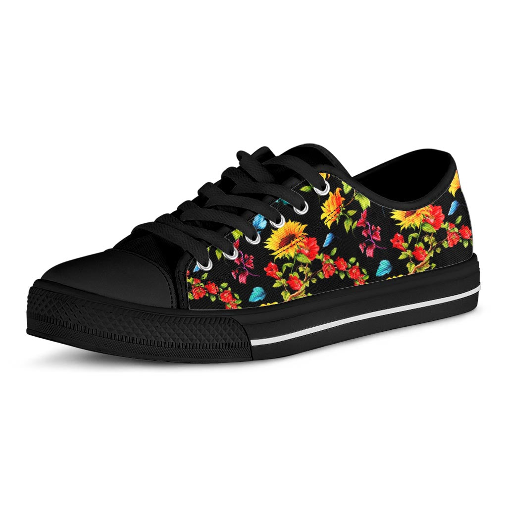 Sunflower Floral Pattern Print Black Low Top Sneakers