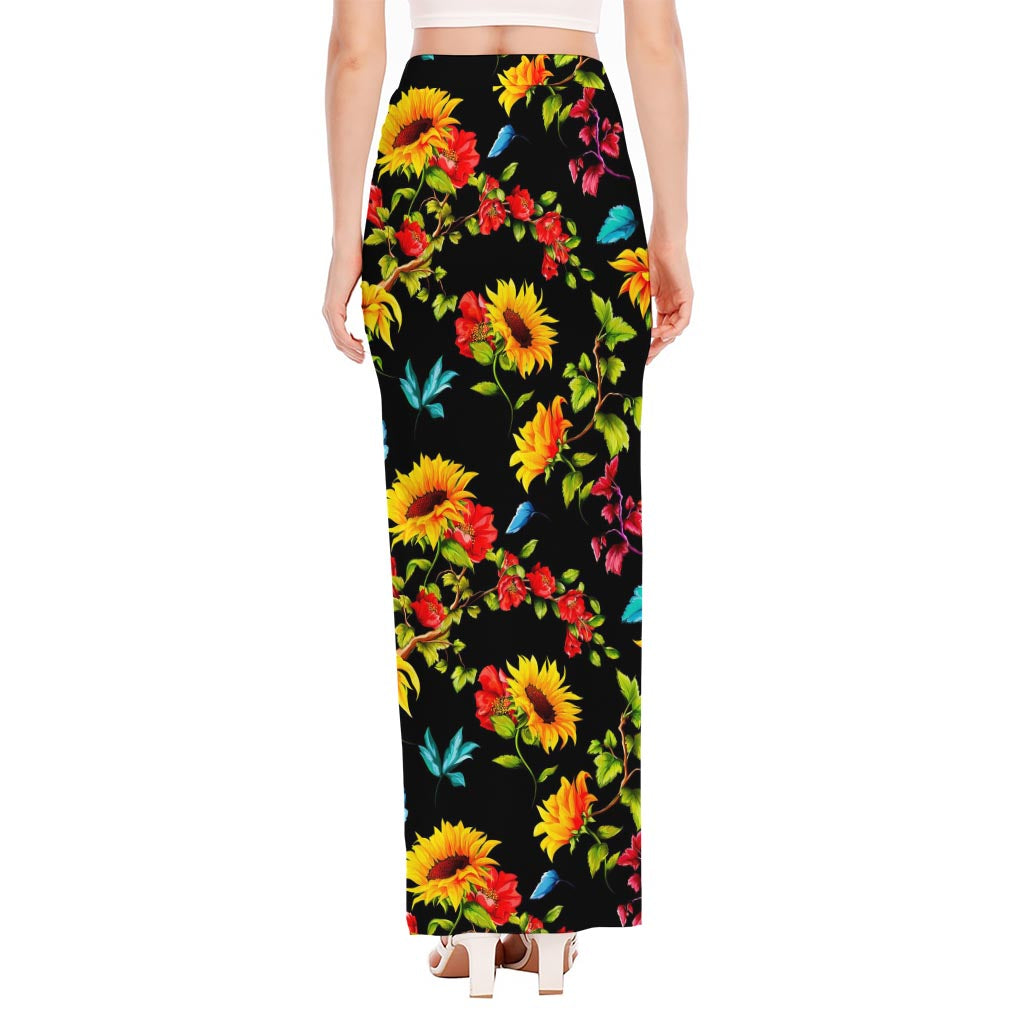 Sunflower Floral Pattern Print High Slit Maxi Skirt
