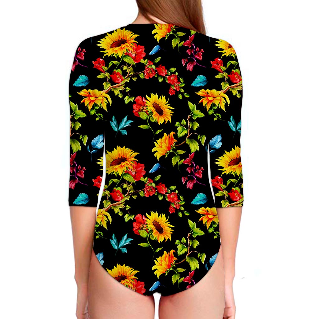 Sunflower Floral Pattern Print Long Sleeve Swimsuit