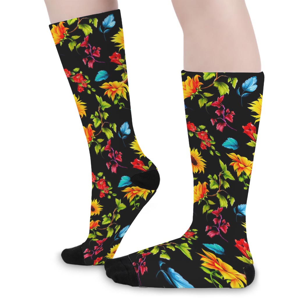 Sunflower Floral Pattern Print Long Socks