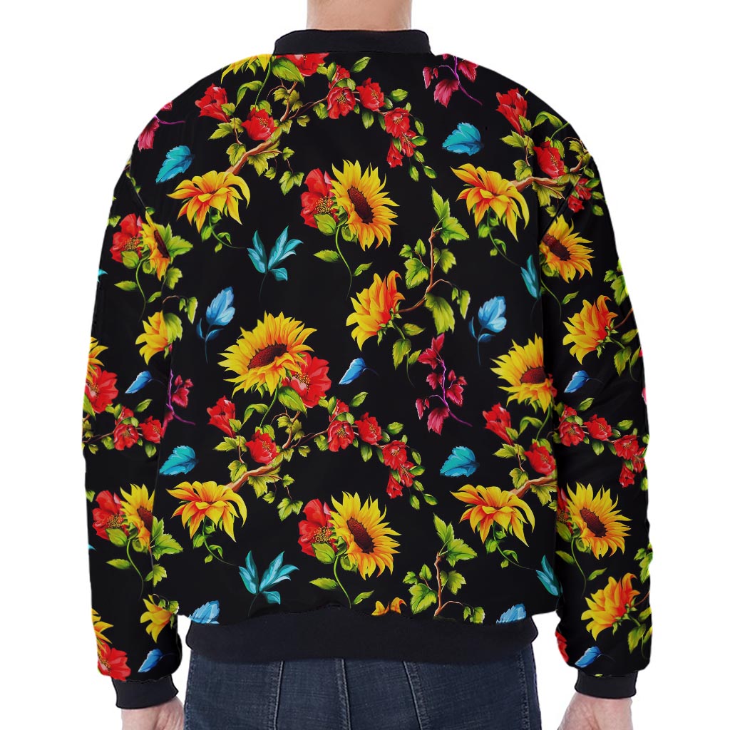 Sunflower Floral Pattern Print Zip Sleeve Bomber Jacket