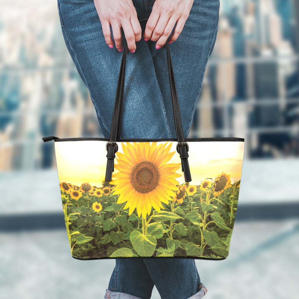 Sunflower Landscape Print Leather Tote Bag