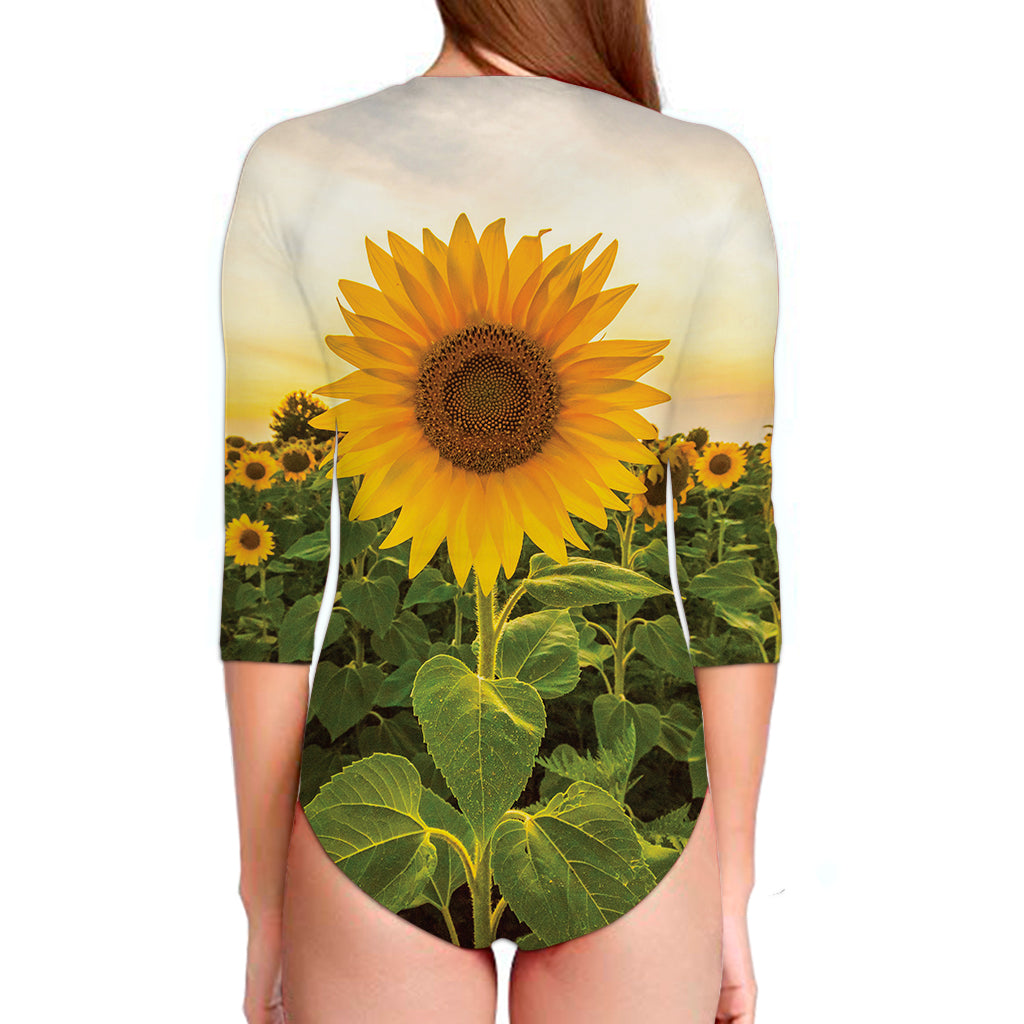 Sunflower Landscape Print Long Sleeve Swimsuit