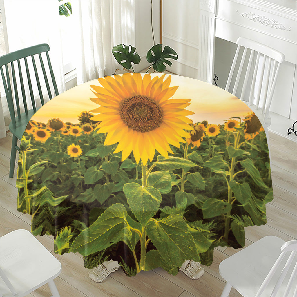 Sunflower Landscape Print Waterproof Round Tablecloth