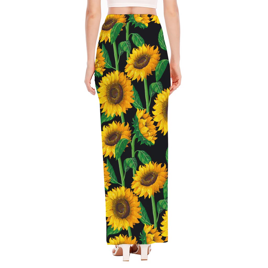 Sunflower Pattern Print High Slit Maxi Skirt