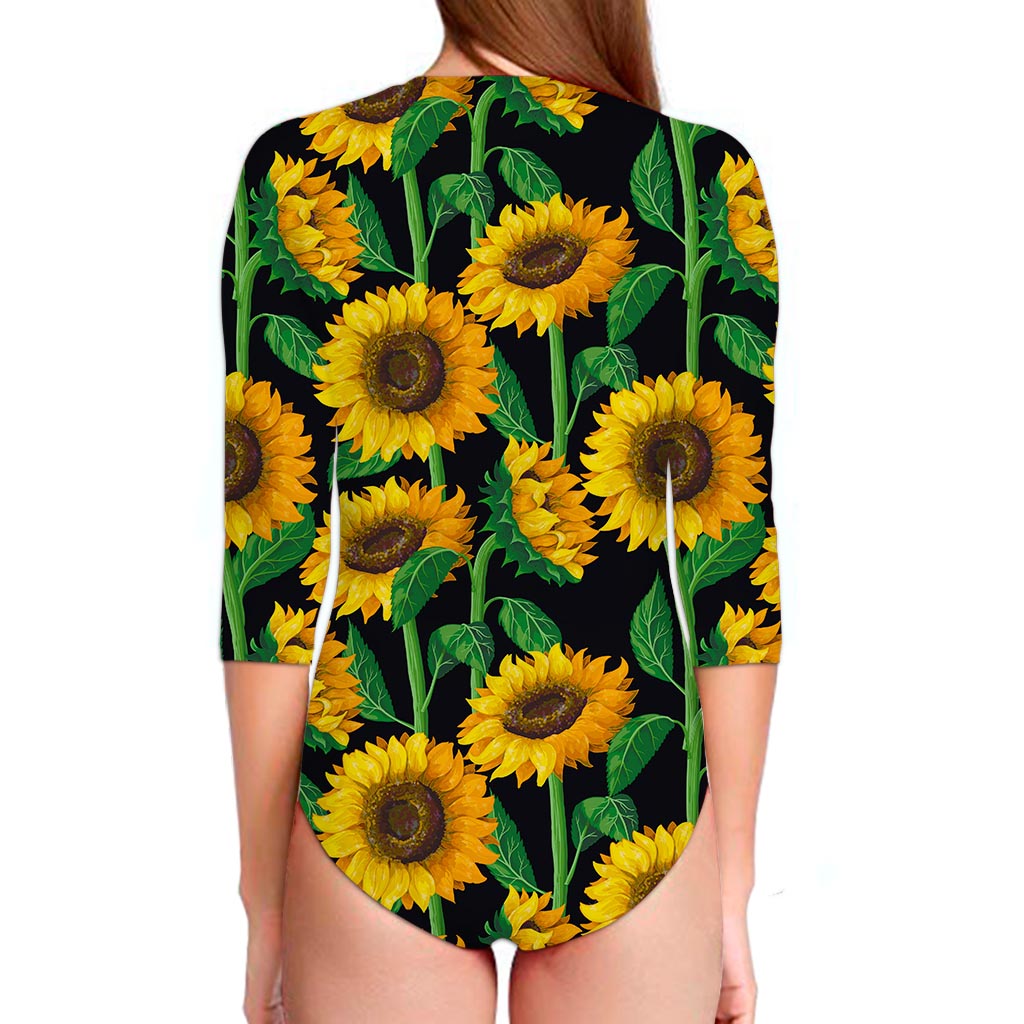 Sunflower Pattern Print Long Sleeve Swimsuit