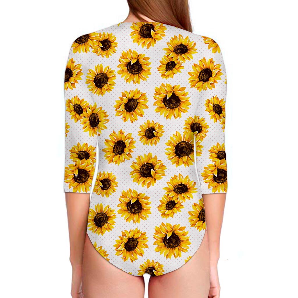 Sunflower Polka Dot Pattern Print Long Sleeve Swimsuit