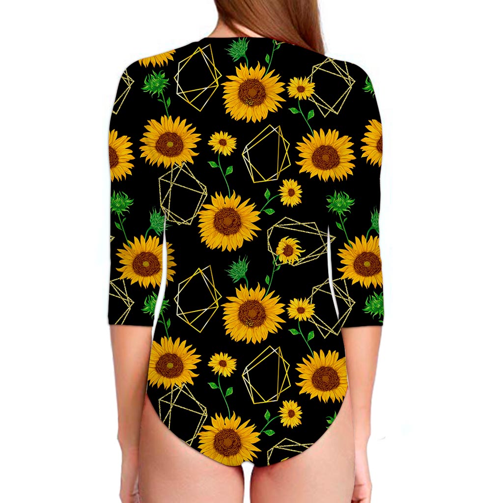 Sunflower Polygonal Pattern Print Long Sleeve Swimsuit