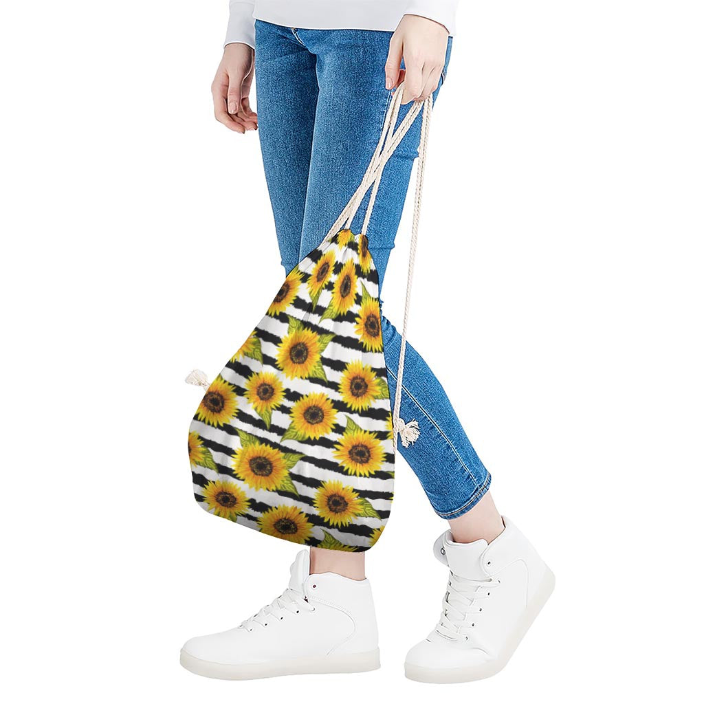 Sunflower Striped Pattern Print Drawstring Bag