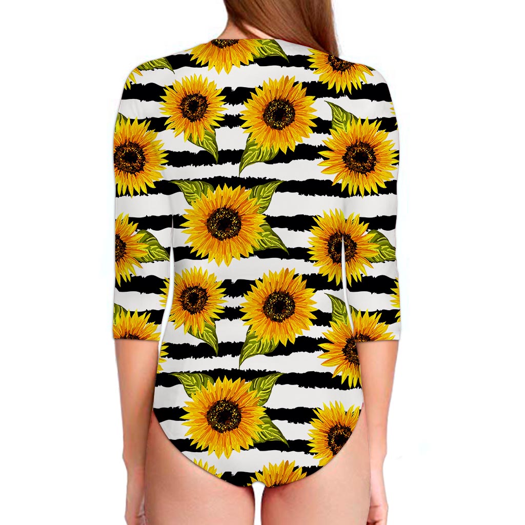 Sunflower Striped Pattern Print Long Sleeve Swimsuit