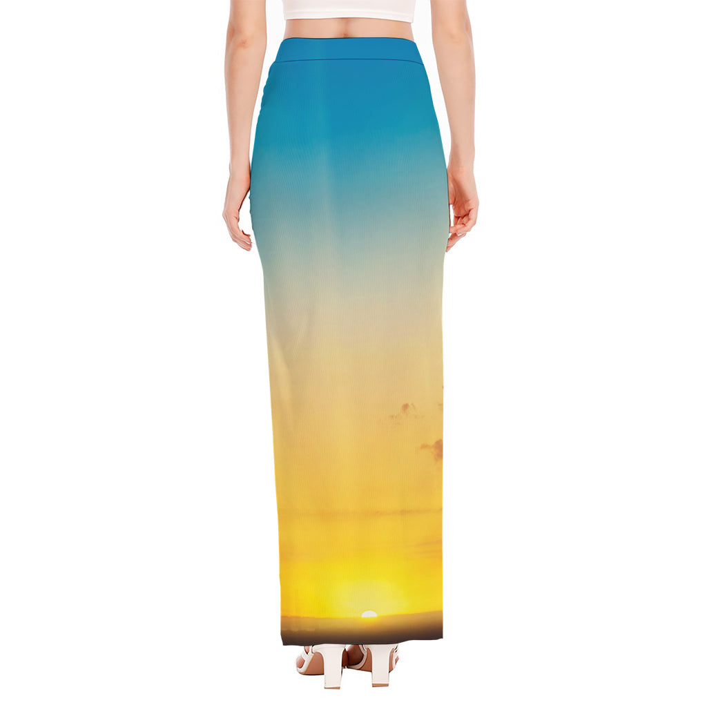 Sunrise Horizon Print High Slit Maxi Skirt