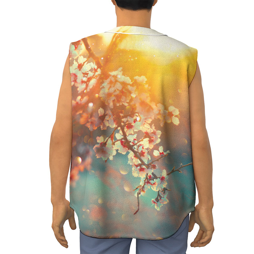 Sunrise Japanese Cherry Blossom Print Sleeveless Baseball Jersey