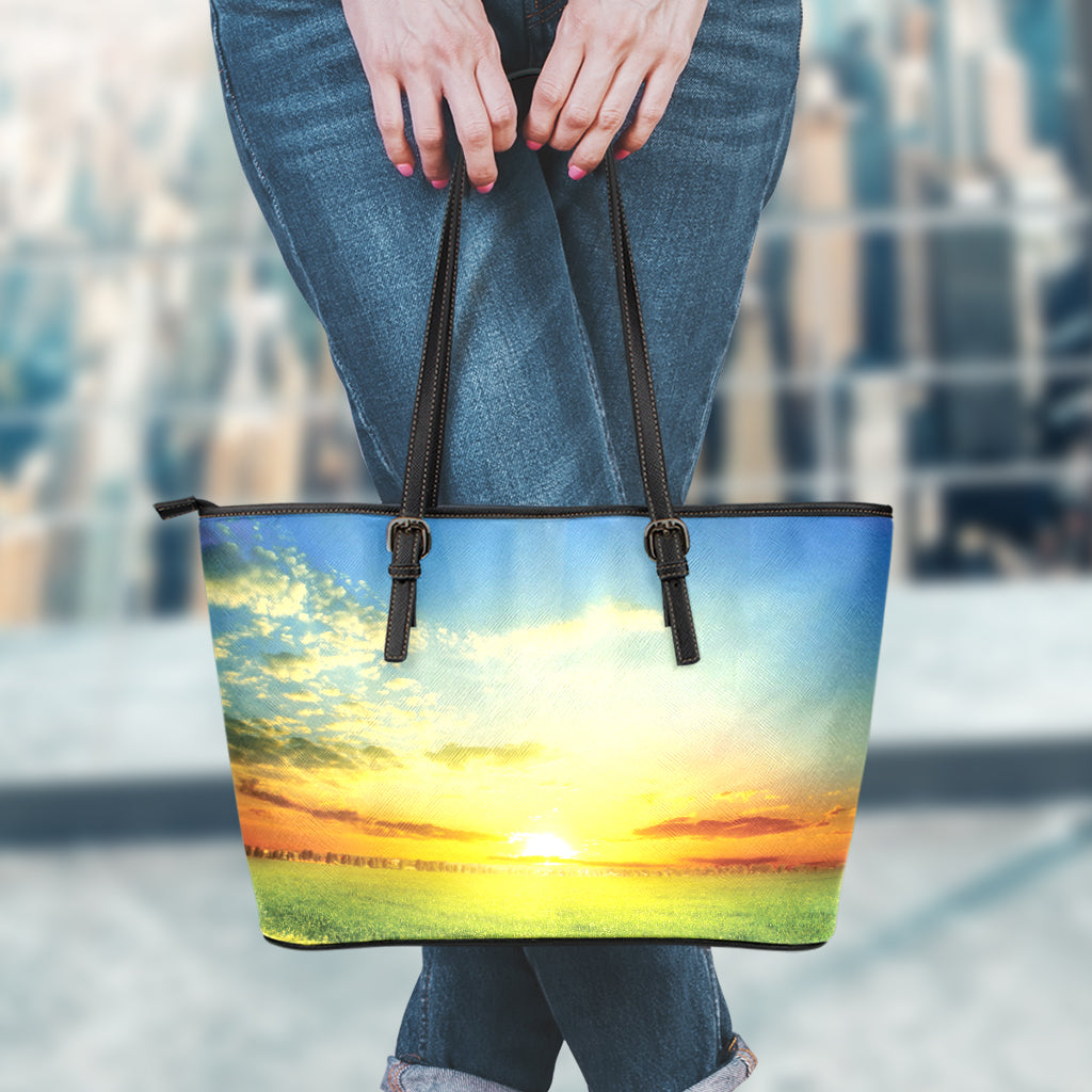 Sunrise Meadow Print Leather Tote Bag