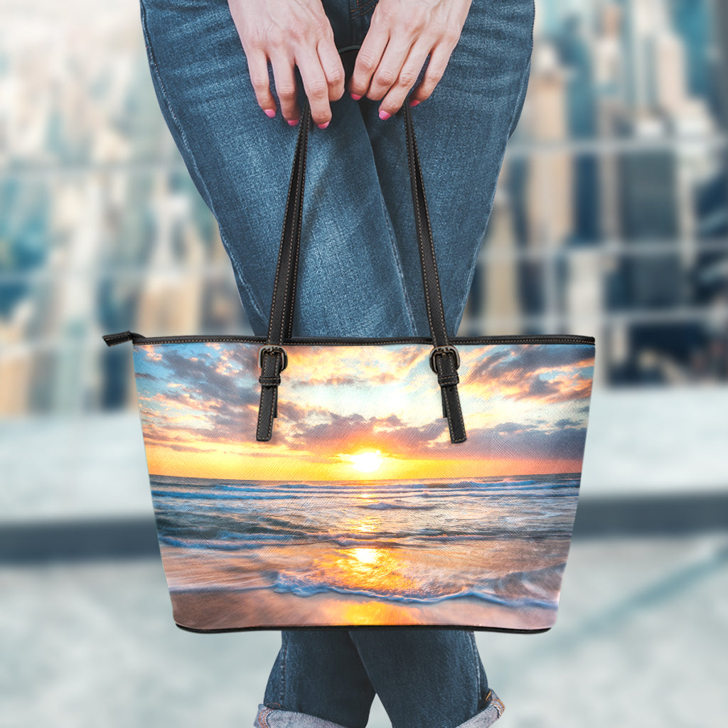 Sunrise Wave Print Leather Tote Bag