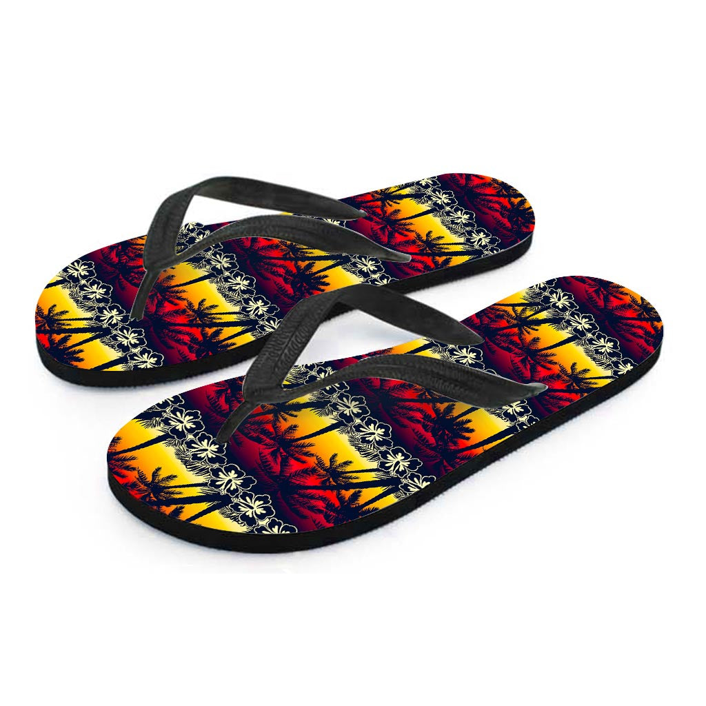 Sunset Hibiscus Palm Tree Pattern Print Flip Flops