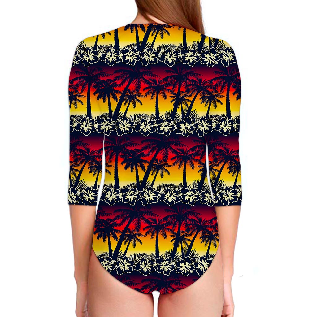 Sunset Hibiscus Palm Tree Pattern Print Long Sleeve Swimsuit