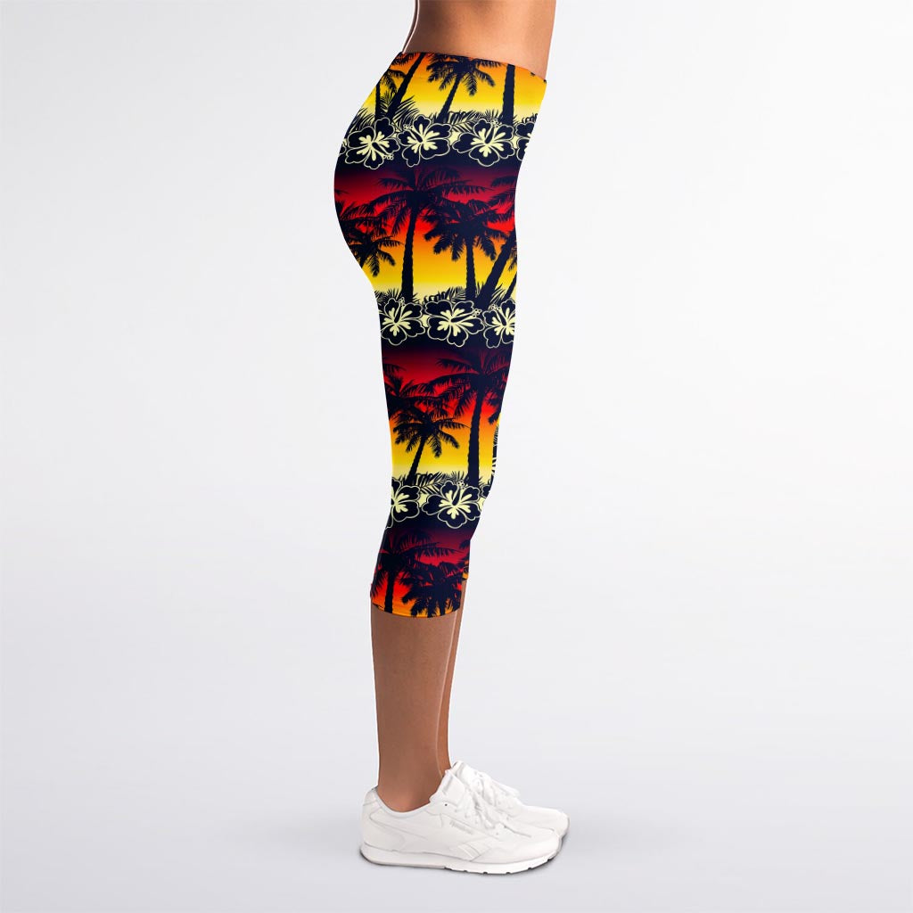 Sunset Hibiscus Palm Tree Pattern Print Women's Capri Leggings