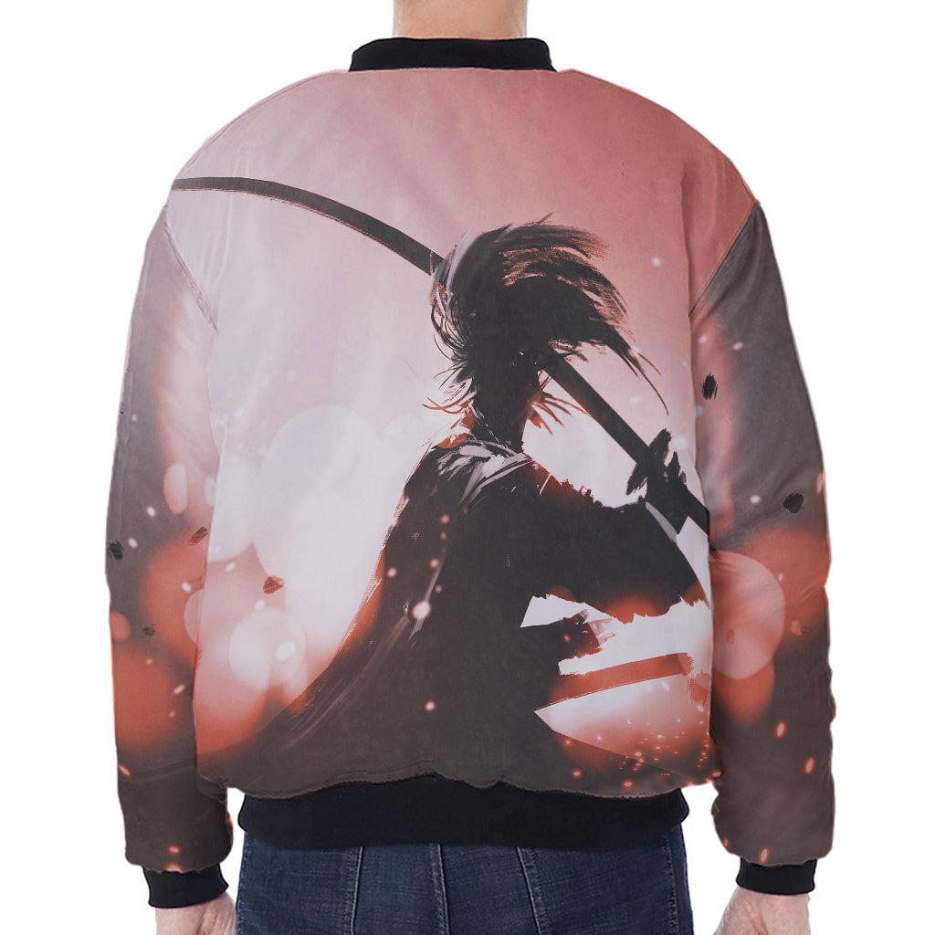 Sunset Japanese Samurai Print Zip Sleeve Bomber Jacket