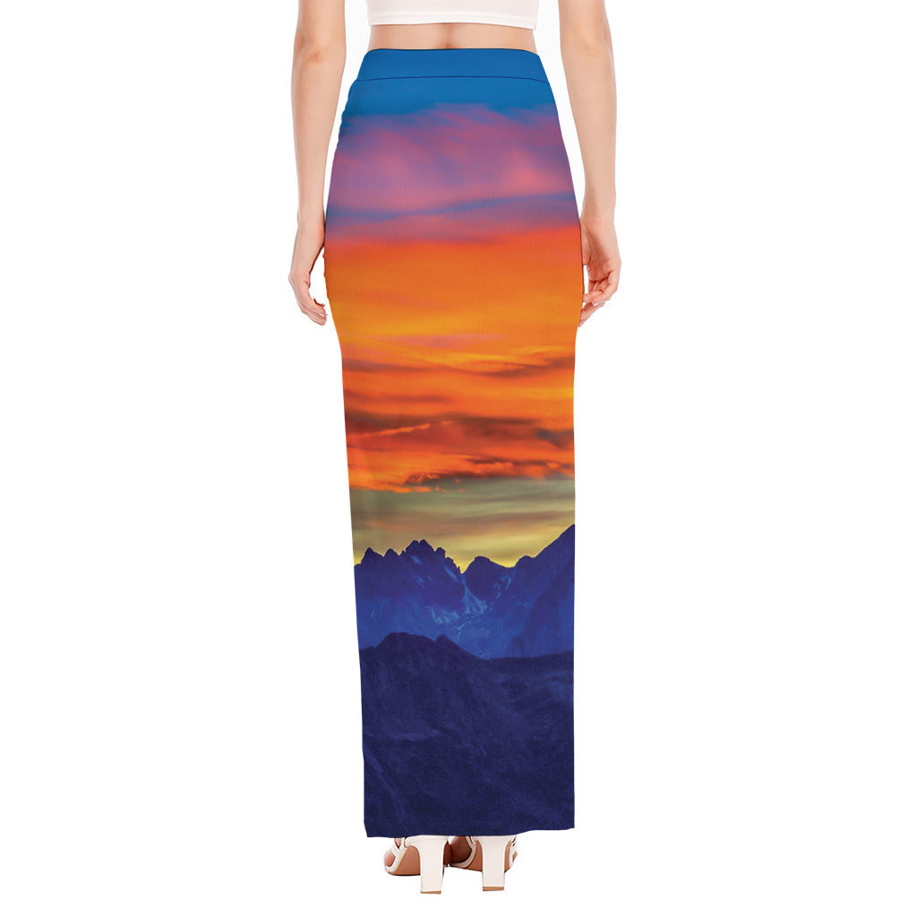 Sunset Mountain Print High Slit Maxi Skirt