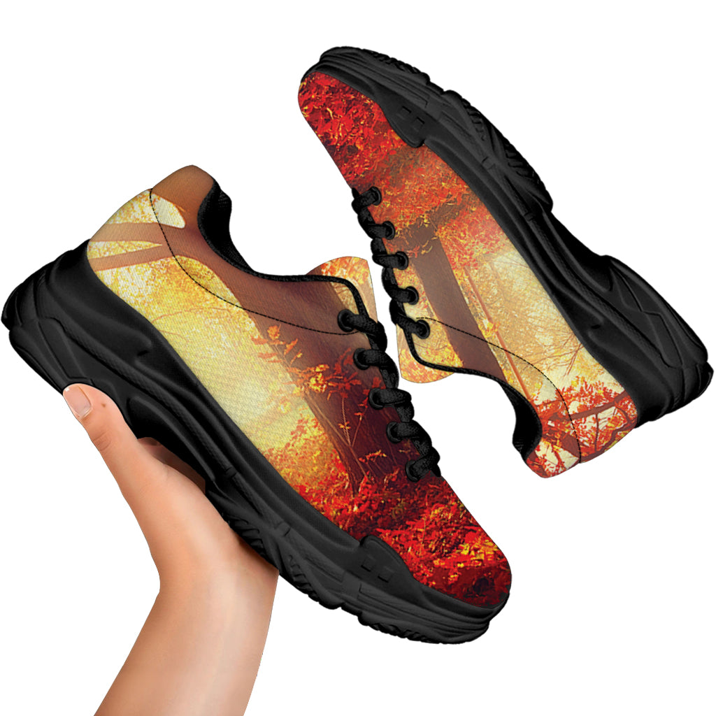 Sunshine Autumn Tree Print Black Chunky Shoes