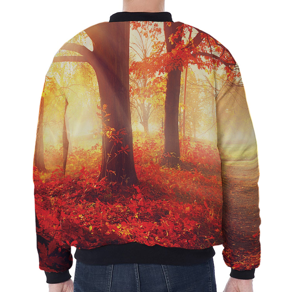 Sunshine Autumn Tree Print Zip Sleeve Bomber Jacket