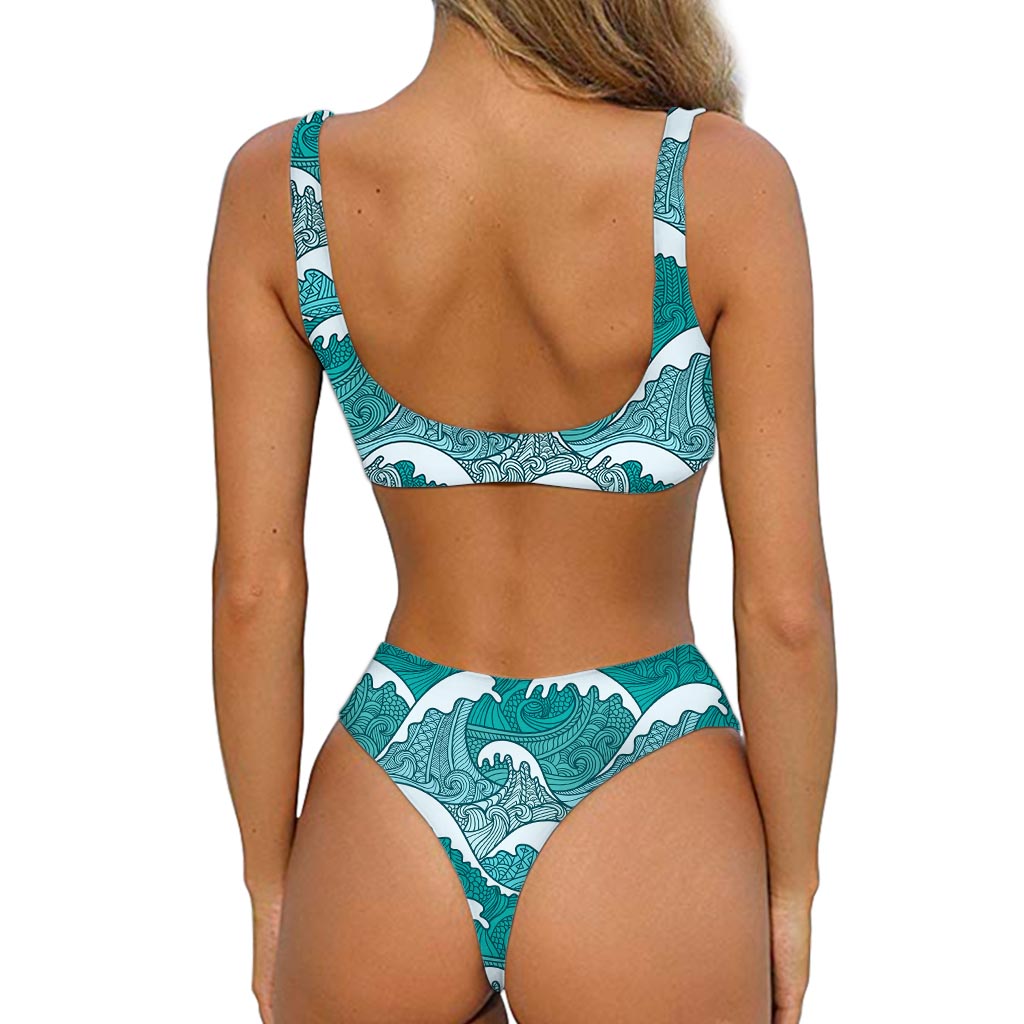 Surfing Wave Pattern Print Front Bow Tie Bikini
