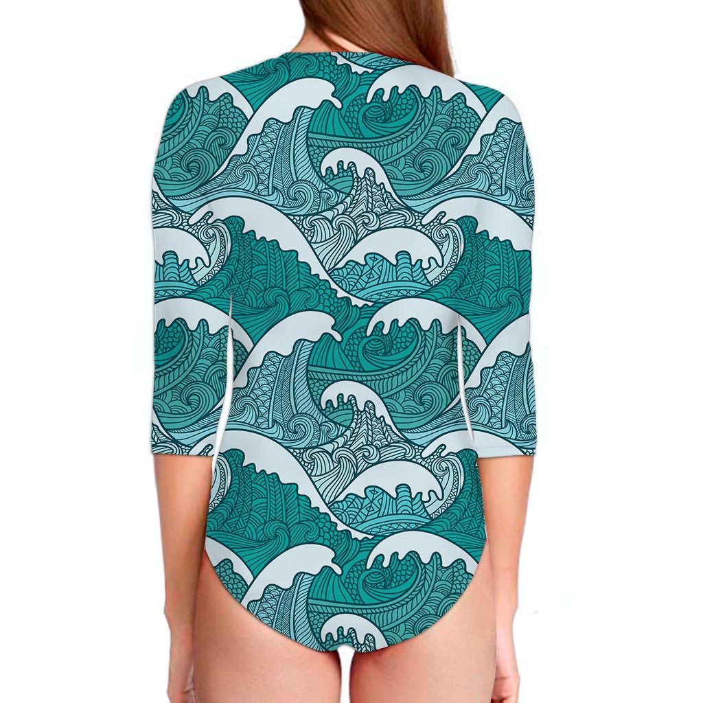 Surfing Wave Pattern Print Long Sleeve Swimsuit