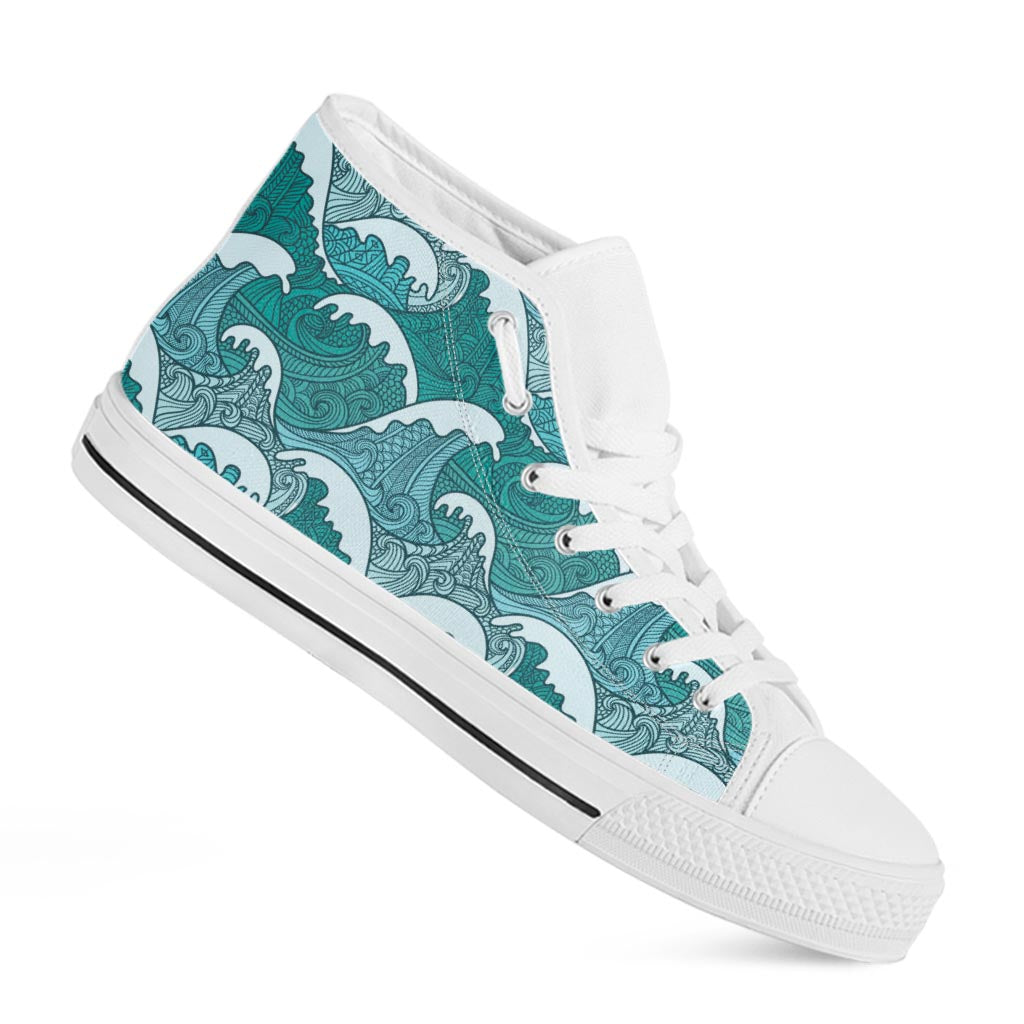 Surfing Wave Pattern Print White High Top Sneakers