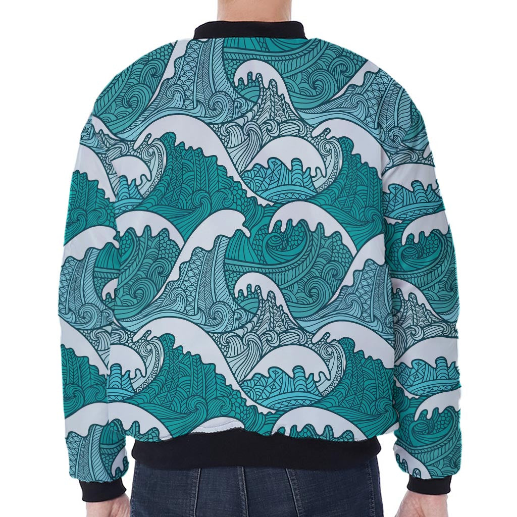 Surfing Wave Pattern Print Zip Sleeve Bomber Jacket
