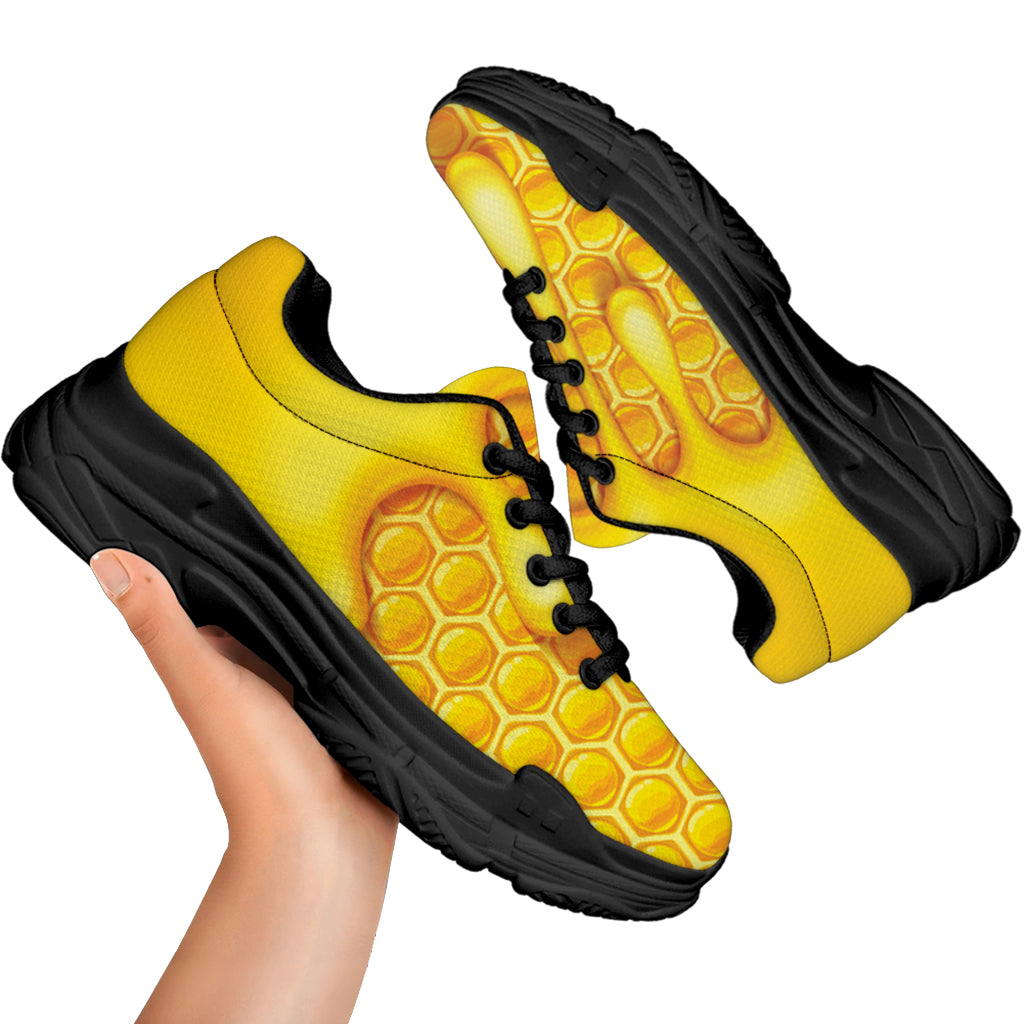 Sweet Honey Bee Hive Print Black Chunky Shoes