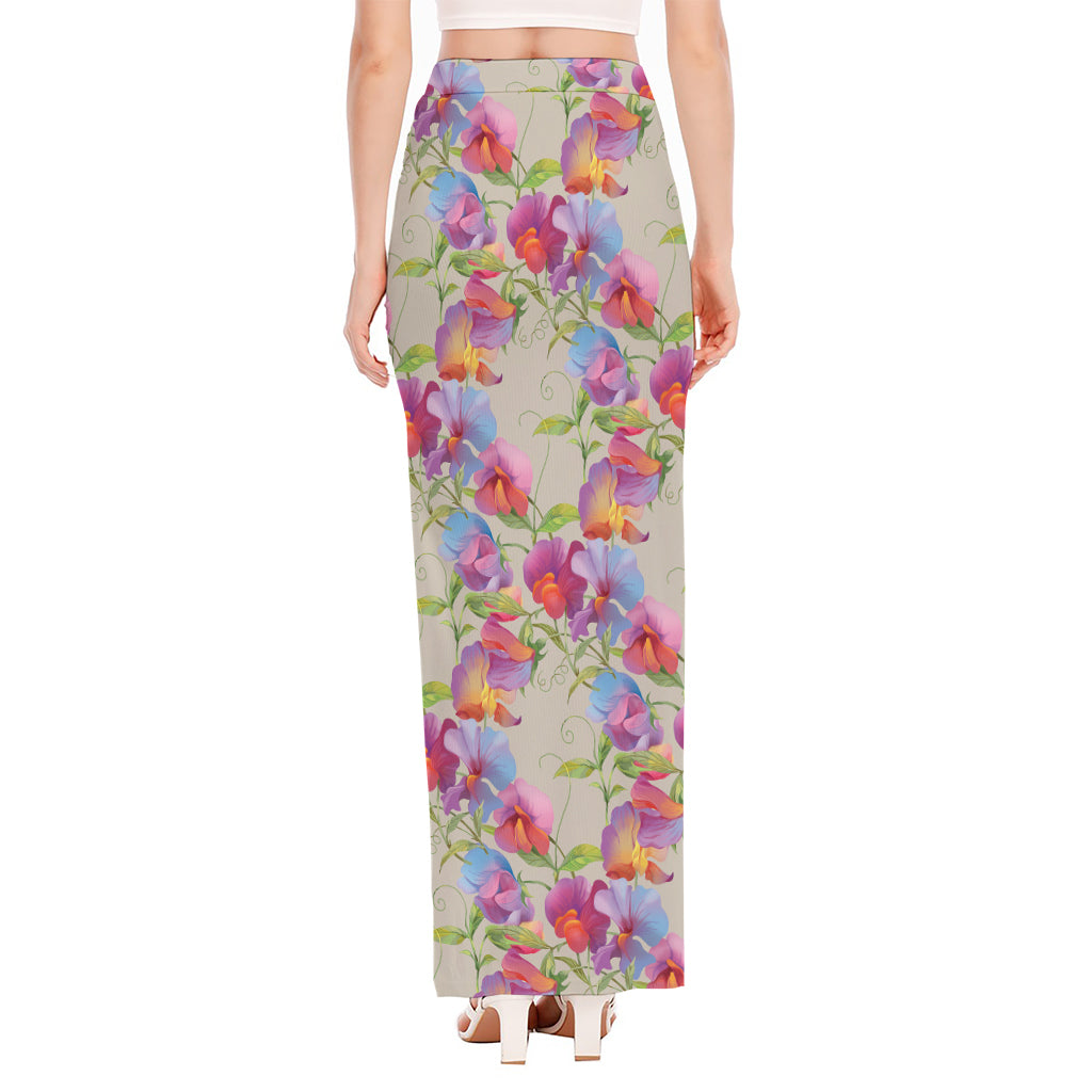 Sweet Pea Flower Pattern Print High Slit Maxi Skirt