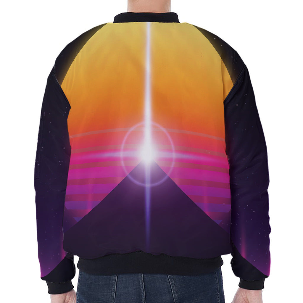 Synthwave Pyramid Print Zip Sleeve Bomber Jacket