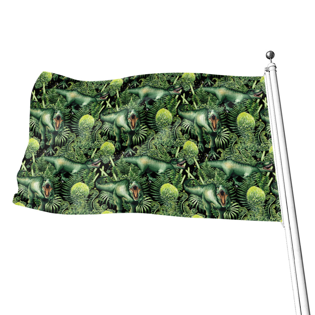 T-Rex Dinosaur And Jurassic Plants Print Flag