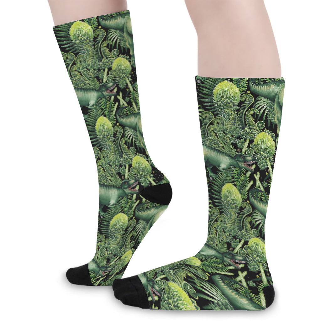 T-Rex Dinosaur And Jurassic Plants Print Long Socks