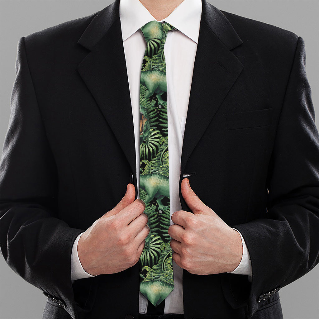 T-Rex Dinosaur And Jurassic Plants Print Necktie