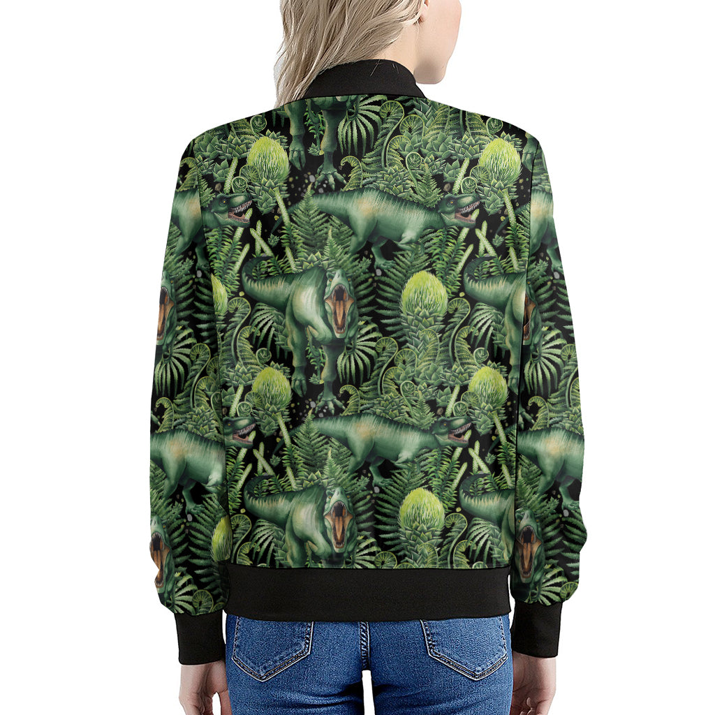 T-Rex Dinosaur And Jurassic Plants Print Women's Bomber Jacket