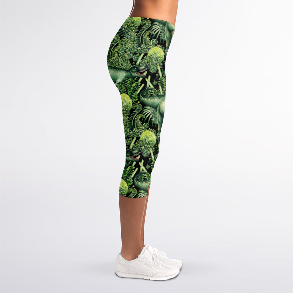 T-Rex Dinosaur And Jurassic Plants Print Women's Capri Leggings